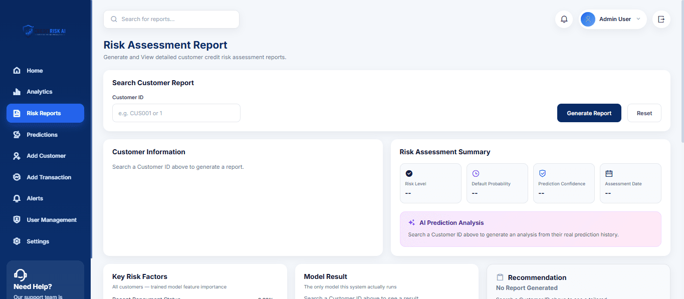 Per-customer risk assessment report, generated from real prediction history