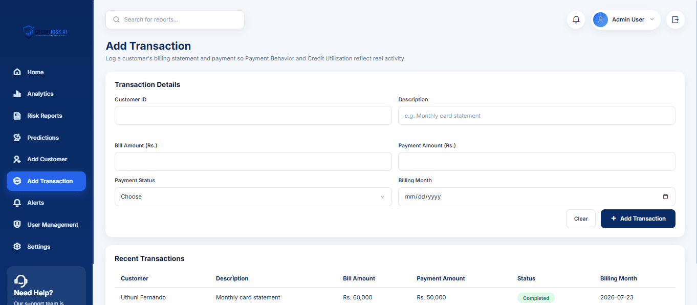 Transaction logging — the payment behaviour the model scores against